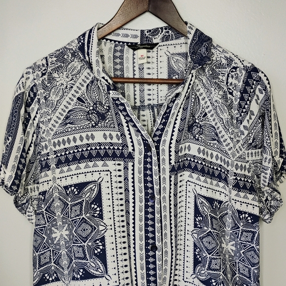 Supplies Button Up Shirt Short Sleeve Navy Blue White Boho Bandana Size Medium - Picture 3 of 13